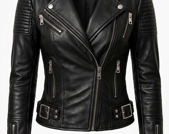 Women Black Leather Biker Jacket Slim Fit Moto Zipper Motorcycle Jacket Genuine Lambskin Streetwear