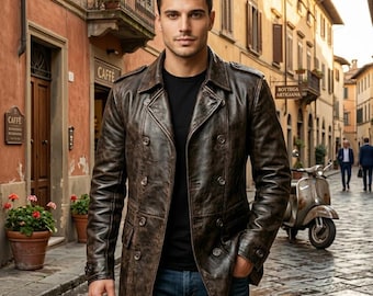 Handmade Genuine Leather Peacoat Men Vintage Brown Double Breasted Winter Coat