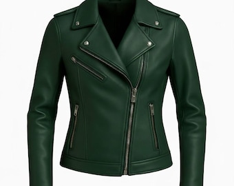 Handmade Green Real Sheepskin Women Biker Jacket Motorcycle Leather Casual Outerwear
