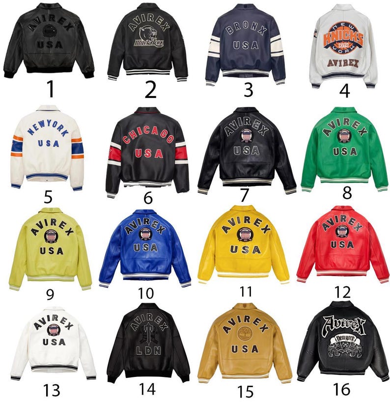 K&ouml;nnte beinhalten: Eine Sammlung von sechzehn Leder-Bomberjacken in verschiedenen Farben, jeweils mit dem "AVIREX"-Logo und St&auml;dtenamen wie "New York" und "Bronx" auf dem R&uuml;cken. Die Jacken haben gerippte B&uuml;ndchen und Kragen.