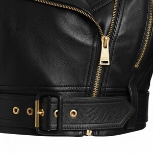 May include: Close-up of a black leather jacket with a gold zipper and buckle details. The jacket features a belt with a gold buckle and eyelets. The leather has a textured appearance.