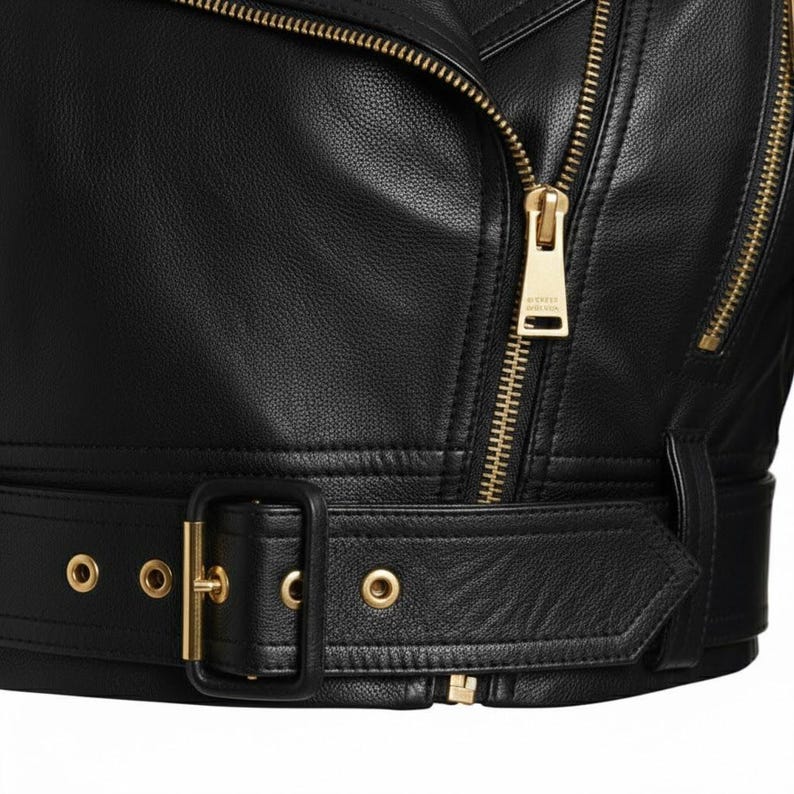 May include: Close-up of a black leather jacket with a gold zipper and buckle details. The jacket features a belt with a gold buckle and eyelets. The leather has a textured appearance.