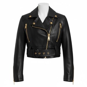 May include: A black leather jacket with a classic biker style. It features a notched collar, asymmetrical zipper closure, and multiple zippered pockets. The jacket has a belted waist and gold-tone hardware, giving it a sleek and edgy look.