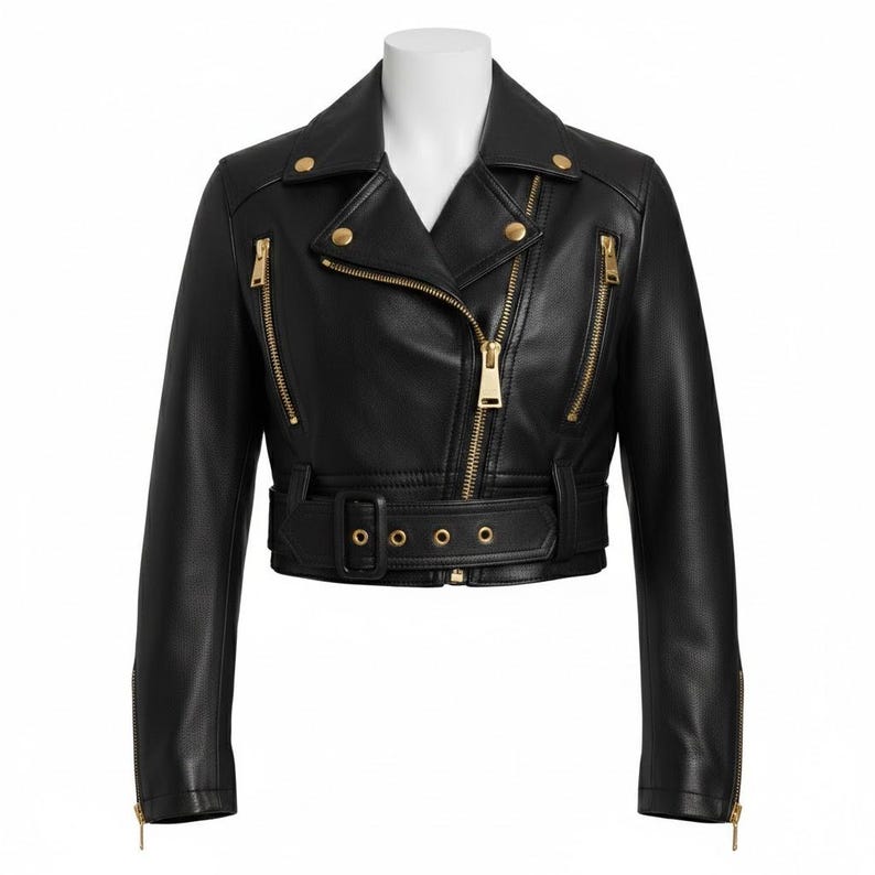 May include: A black leather jacket with a classic biker style. It features a notched collar, asymmetrical zipper closure, and multiple zippered pockets. The jacket has a belted waist and gold-tone hardware, giving it a sleek and edgy look.