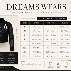 May include: Black varsity jacket with leather sleeves and a white "A" on the chest. The size chart for women is displayed, with measurements in inches and centimeters. The jacket is from Dreams Wears.