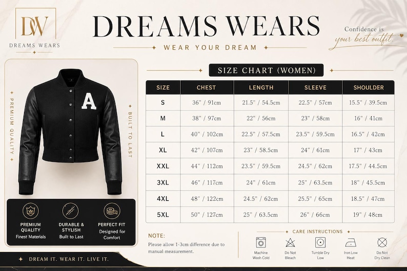 May include: Black varsity jacket with leather sleeves and a white "A" on the chest. The size chart for women is displayed, with measurements in inches and centimeters. The jacket is from Dreams Wears.