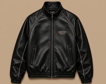 Men's Black Leather Biker Jacket – Zip-Up Streetwear Bomber Style Outfit
