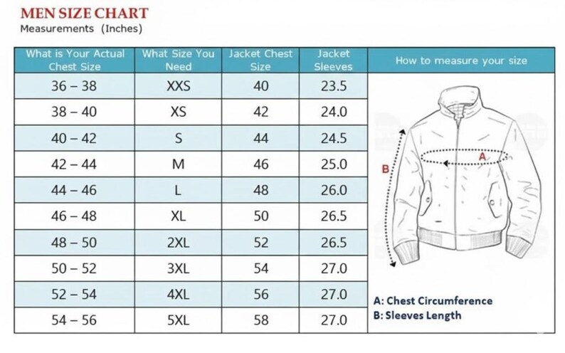 K&ouml;nnte beinhalten: Herren-Gr&ouml;&szlig;entabelle mit Ma&szlig;en in Zoll. Die Tabelle enth&auml;lt Brustumfang, Jackengr&ouml;&szlig;e und &Auml;rmell&auml;nge. Eine Abbildung zeigt, wie man Brustumfang und &Auml;rmell&auml;nge f&uuml;r Jacken misst.