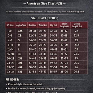 May include: A size chart for a cropped leather jacket, with measurements in inches. The chart includes US sizes from 00 to 34, with corresponding bust, waist, hip, jacket length, and sleeve length measurements. Fit notes are also included.