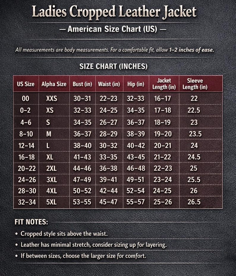 May include: A size chart for a cropped leather jacket, with measurements in inches. The chart includes US sizes from 00 to 34, with corresponding bust, waist, hip, jacket length, and sleeve length measurements. Fit notes are also included.