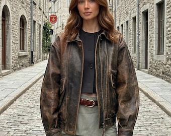 90s Distressed Brown Bomber Leather Jacket Women Oversized Vintage Sheep Leather Coat