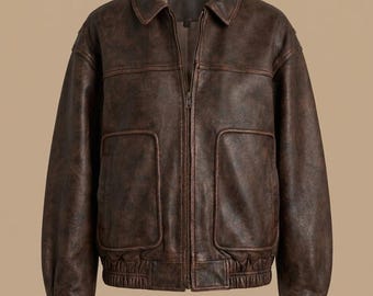 1980s Oversized Dist distressed Vintage Real Brown Leather Jacket Retro Bomber Boxy Fit Coat