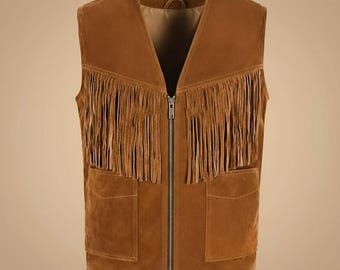 Mens Suede Fringe Vest Western Cowboy Rodeo Festival Jacket Vintage Country Style Waistcoat Leather