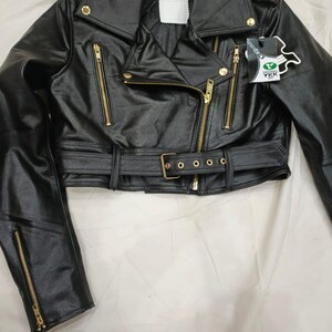 May include: Black leather jacket with a notched collar, asymmetrical zipper closure, and a belted waist. The jacket features gold-tone hardware, including zippers and snaps. A small tag with the text "YKK" is attached.