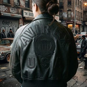 May include: Black leather bomber jacket with the word "AVIREX" across the back. The jacket features a circular emblem with the words "AMERICAN" and "ESTABLISHED 1975" and the letters "USA" below the emblem. The jacket is worn in an urban setting.