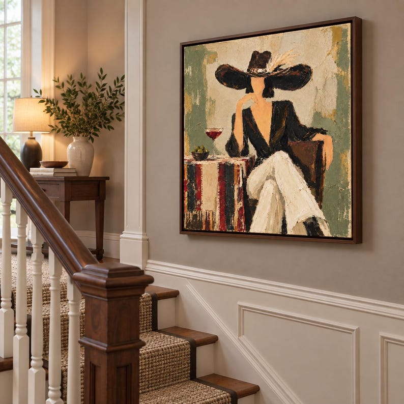 Small Hand File Set Black Hat Woman Oil Painting, Wine Portrait Art, Hand-painted Canvas ...