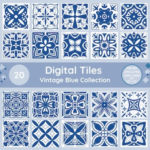May include: A collection of 20 digital tiles with intricate blue and white patterns. The tiles are square, each featuring a unique design. The text "Digital Tiles Vintage Blue Collection" is displayed, along with the dimensions of 12" x 12".