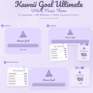 May include: A lilac-colored graphic design for a custom widget, featuring the text "Kawaii Goal Ultimate Witchy Magic Theme." The design showcases layouts, effects, and customization options for streaming platforms like Twitch and YouTube.