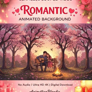 May include: A digital illustration with the text "ROMANTIC" and "ANIMATED BACKGROUND". The image depicts a couple sitting on a bench under cherry blossom trees, with a campfire. The background is a soft pink.