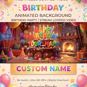 Fond d'écran animé d'anniversaire avec nom personnalisé | Boucle vidéo d'anniversaire personnalisée pour la télévision | Décoration de fête sans couture 4K | BI03