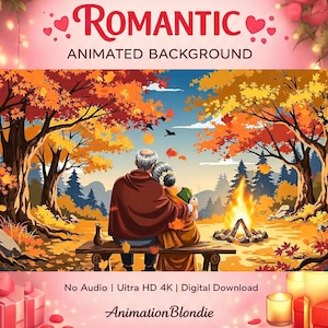 Puede incluir: Descarga digital de un fondo animado romántico. La imagen presenta a una pareja sentada en un banco, con una fogata y árboles de otoño. El texto incluye "Romantic Animated Background" y "Animation Blondie".