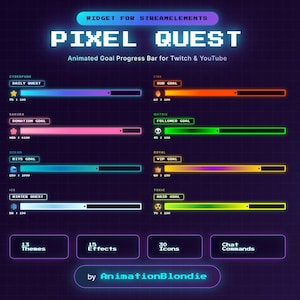 May include: A digital graphic displaying "PIXEL QUEST" and animated goal progress bars for Twitch and YouTube. The image includes various themes, effects, and icons, with the creator's name at the bottom.
