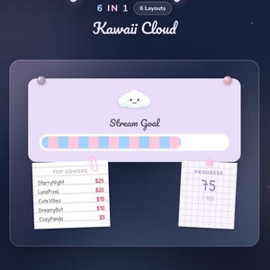 May include: A digital graphic for a StreamElements widget, labeled "Goal Widget" with "Kawaii Cloud" theme. The design includes a progress bar, top donor list, and a progress indicator showing 75/100. The graphic is fully customizable and features social media icons.
