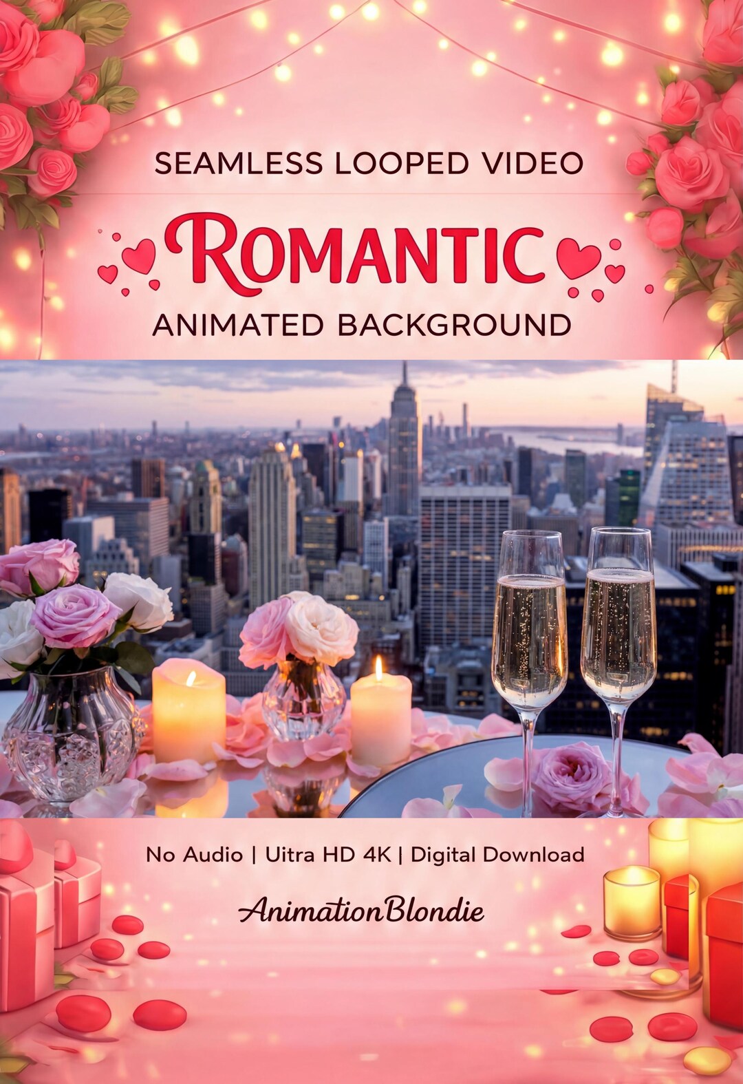 New York Skyline Romance – Cozy Rooftop Champagne Animated Background ...