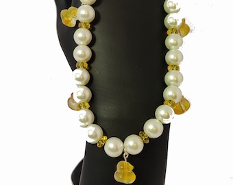 Handmade Fashion Glass Pearl and Yellow Rubber Duck Charm Cell Phone Lanyard Strap