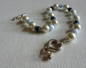 Blue and White Glass Pearl Bracelet with Silver Heart Toggle Clasp