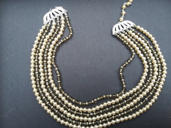 Vintage Japan Faux Pearl and Gray 6 Strand Neckla… - image 1