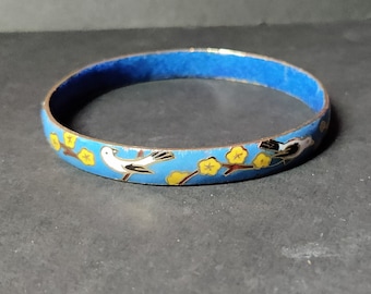 Vintage Blue Cloisonne Dove Bird on Tree Branches with Yellow Flowers Bangle