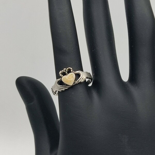 Vintage Claddagh Ring with White Heart and Crown in Sterling Silver - Traditional Irish Symbol of Love, Loyalty, and Friendship