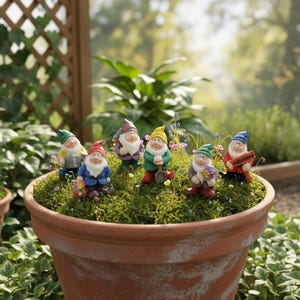 May include: A terracotta pot filled with moss and miniature garden gnomes. The gnomes wear colorful outfits and hats, and some hold gardening tools or flowers. One gnome holds a sign that says "Welcome".