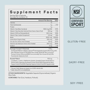May include: Supplement facts label with nutritional information, including vitamins, minerals, and other ingredients. The label indicates the product is gluten-free, dairy-free, and soy-free. It also has an NSF Certified Sport seal.