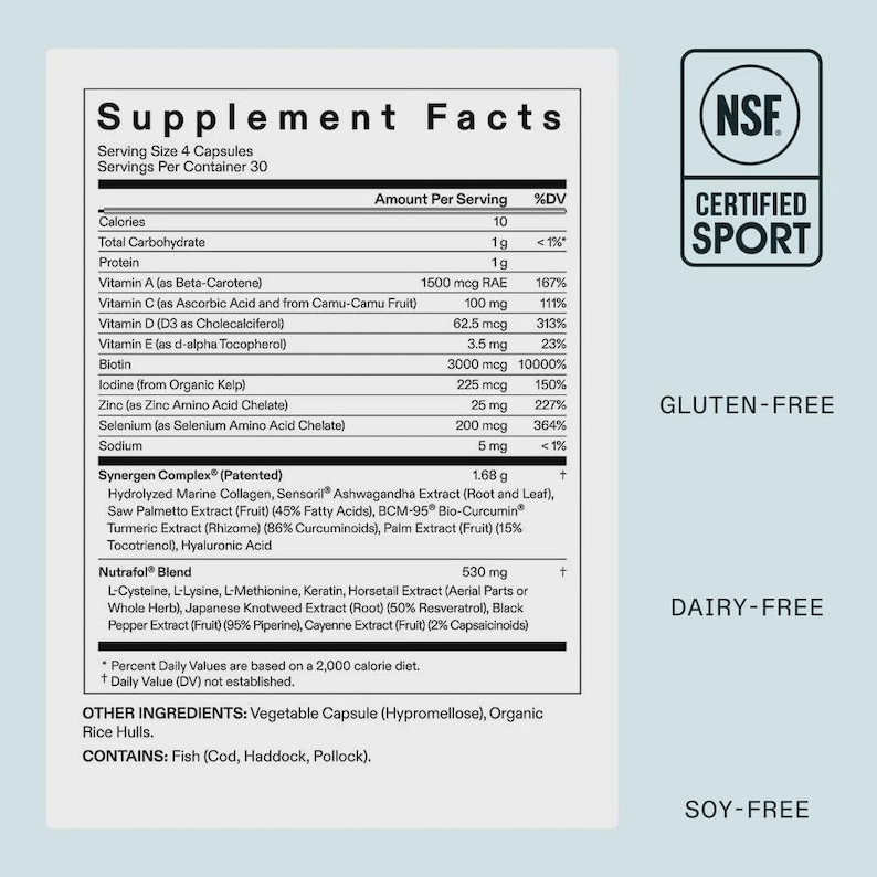 May include: Supplement facts label with nutritional information, including vitamins, minerals, and other ingredients. The label indicates the product is gluten-free, dairy-free, and soy-free. It also has an NSF Certified Sport seal.