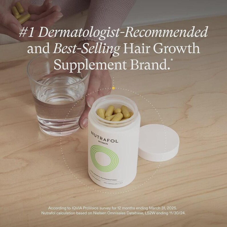 May include: A white bottle of Nutrafol Women hair growth supplements with a green circular design and the text "NUTRAFOL WOMEN". The bottle is open, revealing yellow capsules. A glass of water is next to the bottle.