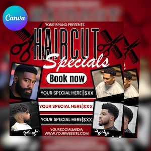 May include: A red and black promotional graphic for a barbershop. The design features the text "HAIRCUT Specials" and "Book now." Several images of men with different hairstyles are included. Scissors and comb graphics are also present.