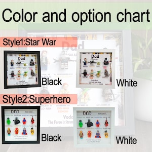 May include: A color and option chart featuring framed Lego art. Two styles are shown: Star Wars and Superhero, each available in black or white frames. The Star Wars style includes Lego figures with the text "Dad". The Superhero style also includes Lego figures with the text "Dad".