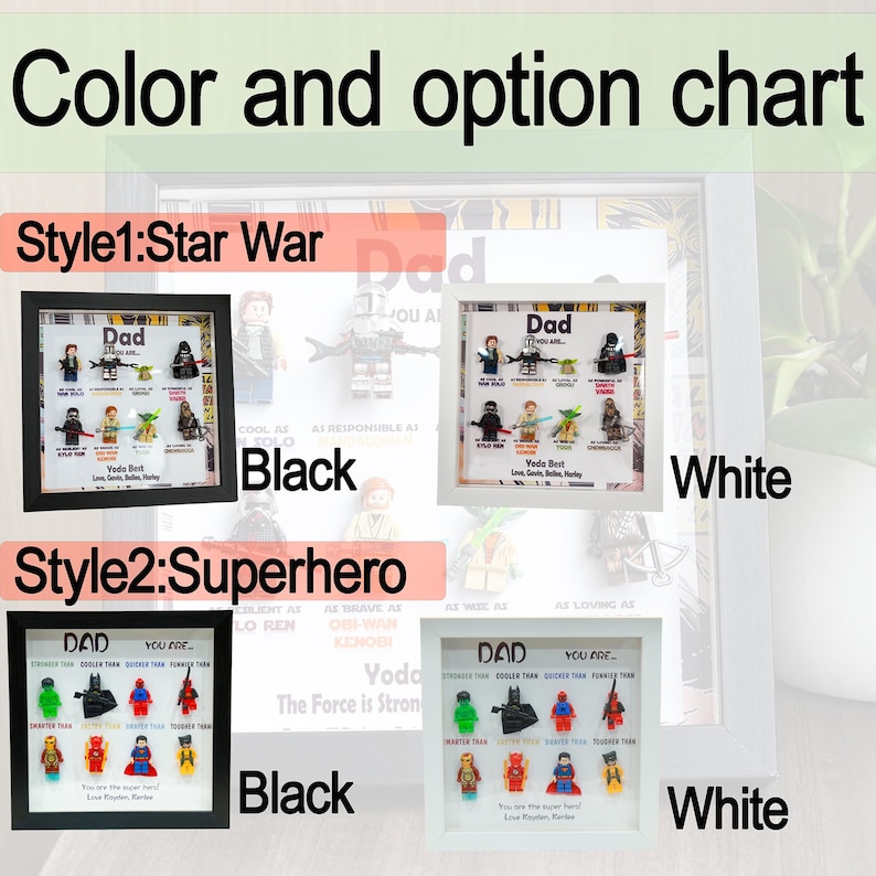 May include: A color and option chart featuring framed Lego art. Two styles are shown: Star Wars and Superhero, each available in black or white frames. The Star Wars style includes Lego figures with the text "Dad". The Superhero style also includes Lego figures with the text "Dad".