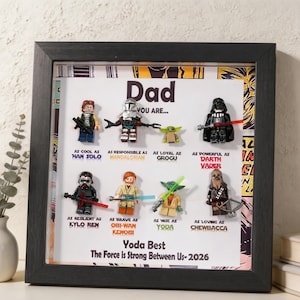 May include: Framed artwork featuring Lego Star Wars characters, including Darth Vader and Yoda, with text that reads "Dad, You Are..." and character comparisons. The frame is black.