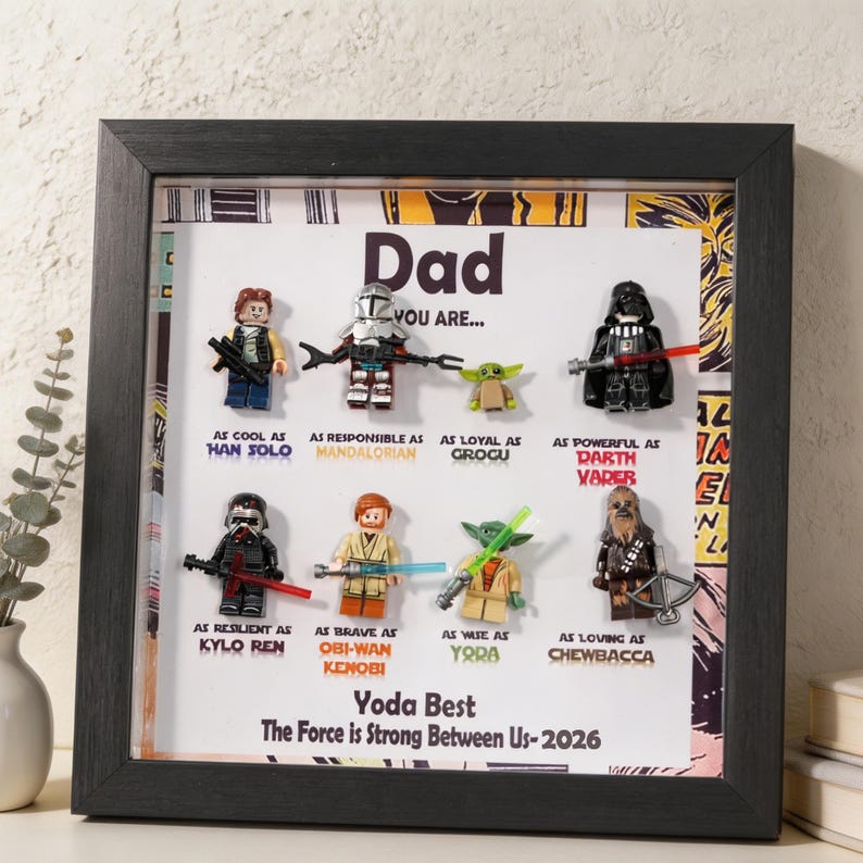 May include: Framed artwork featuring Lego Star Wars characters, including Darth Vader and Yoda, with text that reads "Dad, You Are..." and character comparisons. The frame is black.