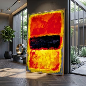 Cuadro abstracto estilo Mark Rothko para pared, pintura moderna con bloques de color llamativos, decoración geométrica para el hogar en rojo, negro y amarillo.
