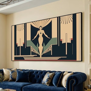 Puede incluir: Arte mural de estilo Art Déco que representa una figura estilizada con los brazos extendidos, sobre un fondo de formas geométricas y líneas radiantes. La paleta de colores incluye acentos beige, azul marino y rojo, enmarcado en negro.