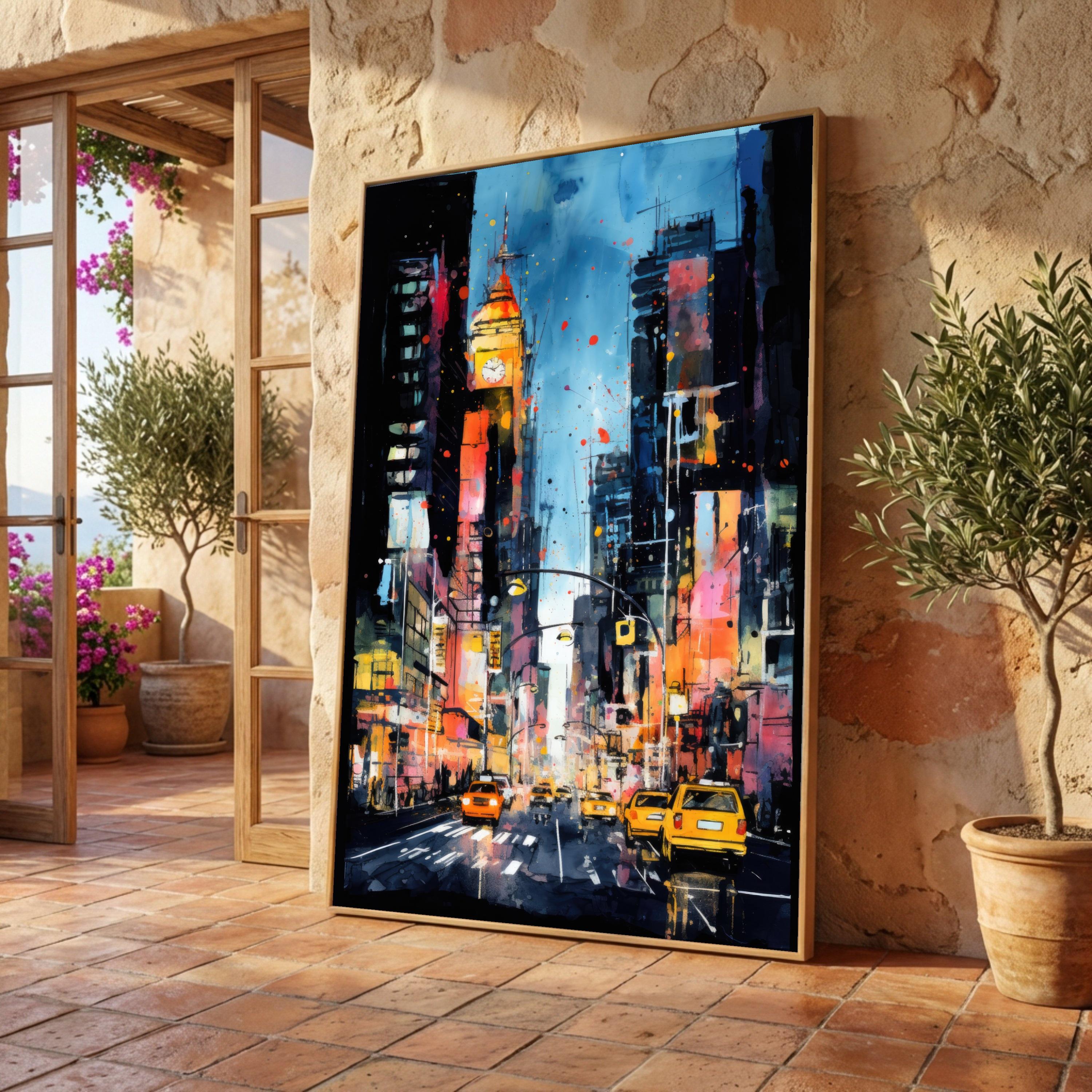 Vibrant City Street Scene Canvas, Urban Nightscape Wall Art, Yellow ...