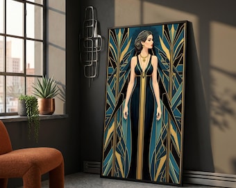 May include: A framed vertical wall art print featuring a stylised illustration of a person in a long, dark dress with a gold necklace. The background consists of geometric patterns in shades of teal, black, and gold, creating a symmetrical design.