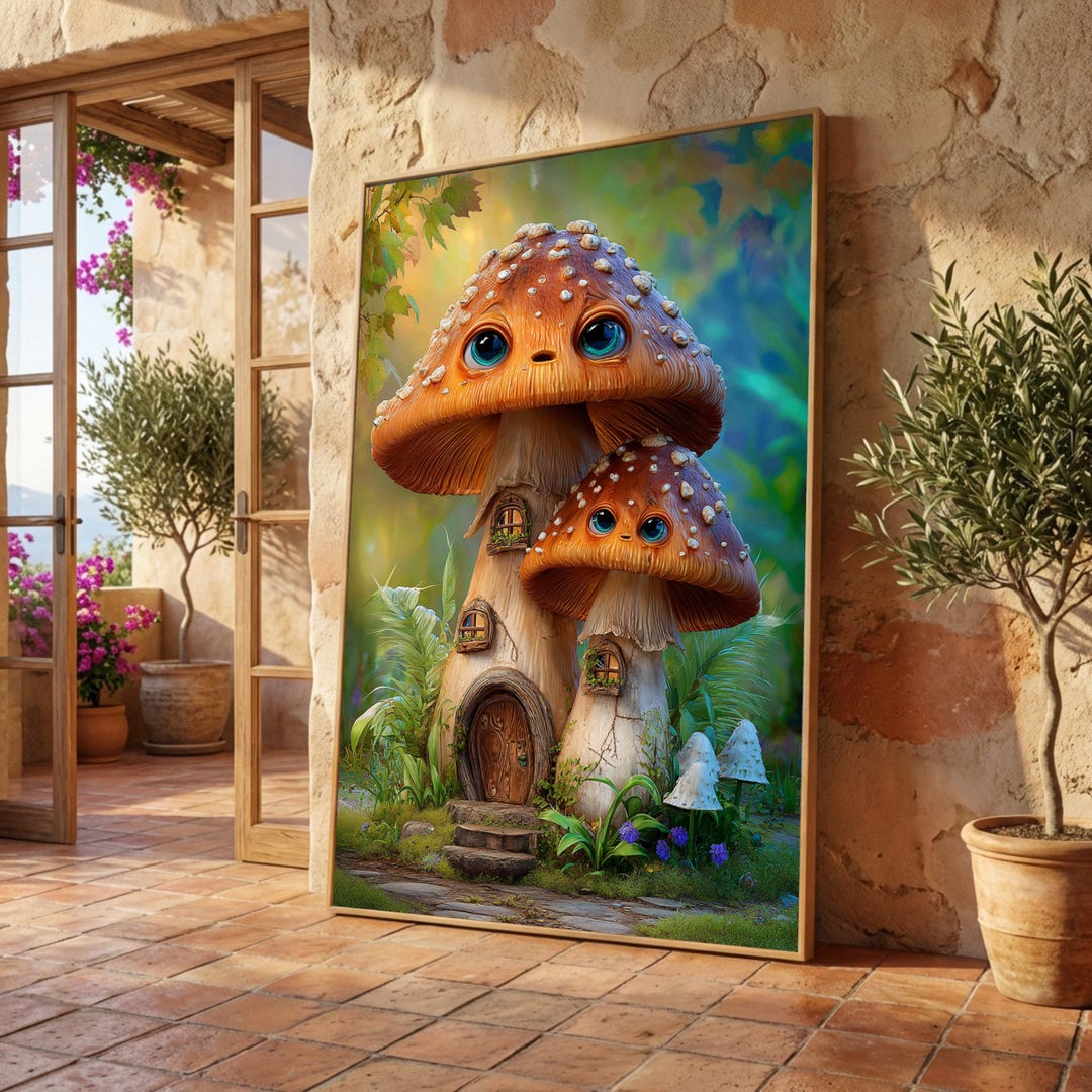 Whimsical Mushroom House Canvas, Fantasy Forest Wall Art, Cute Fungi ...