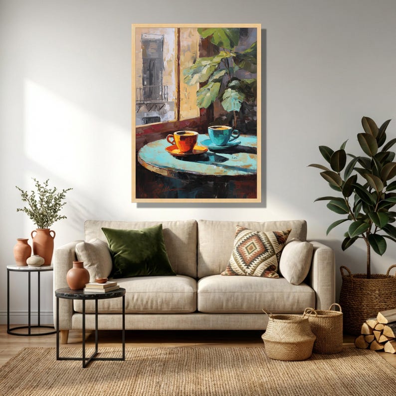 Coffee Wall Art Canvas, Cozy Cafe Decor, Rustic Kitchen Wall Art, Colorful Coffee Cups Painting, Breakfast Nook Decor image 4