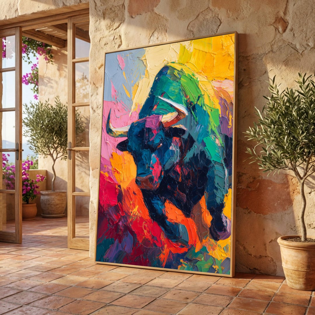 Vibrant Bull Abstract Canvas Wall Art, Bold Colorful Animal Painting ...