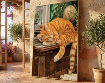 Orange Tabby Cat Canvas Print, Vintage Botanical Study Room Wall Art